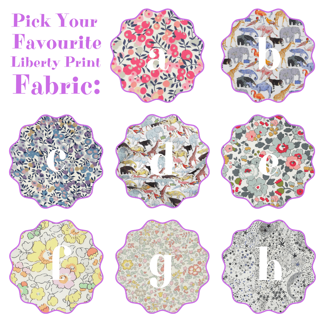 Set of Liberty print fabric swatches with various patterns on a white background.