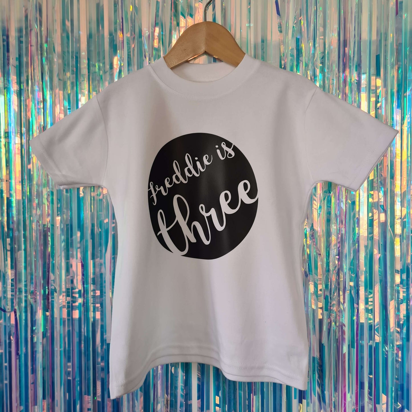 Personalised 3rd birthday tshirt - freddie is three- white tshirt with black print