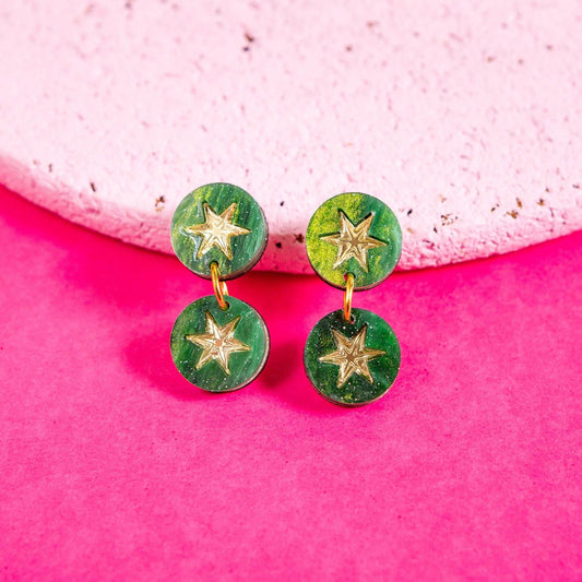 Green marble constellation double drop earrings with gold star details
