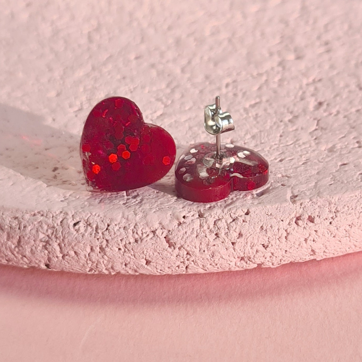 red heart stud earring made from resin