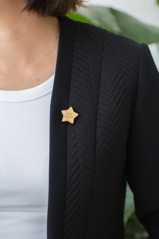 Congratulations Gold Star Badge - Wooden Hand Painted Gold Resin Pin Badge