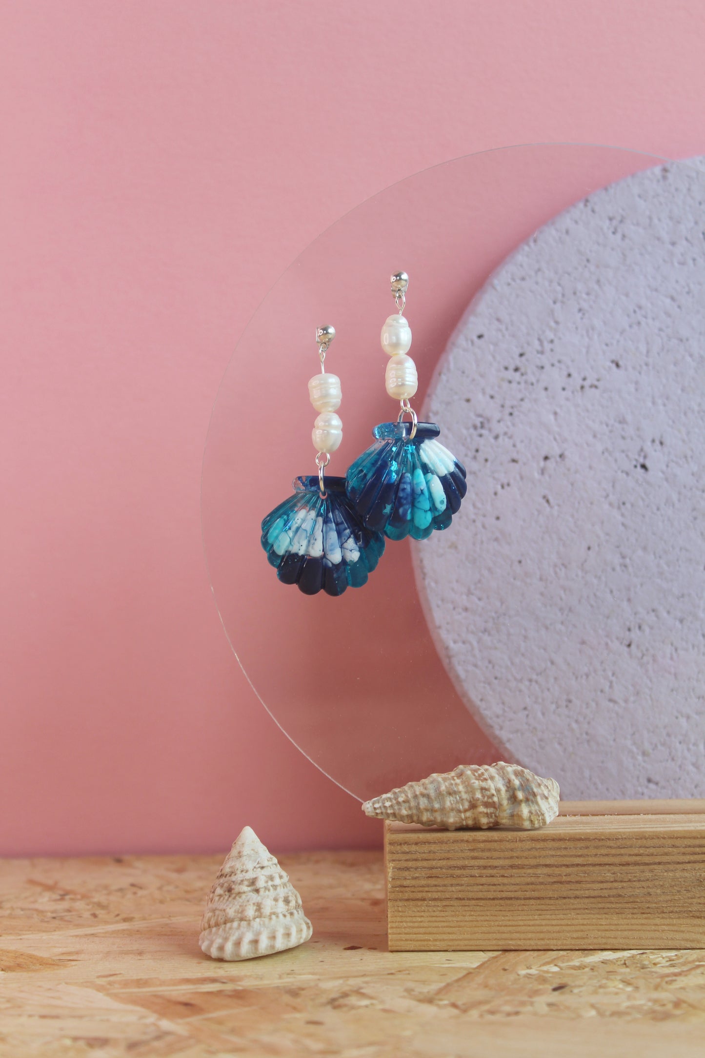 Navy Blue and Turquoise Resin Scallop Dangle Earrings with Freshwater Pearls