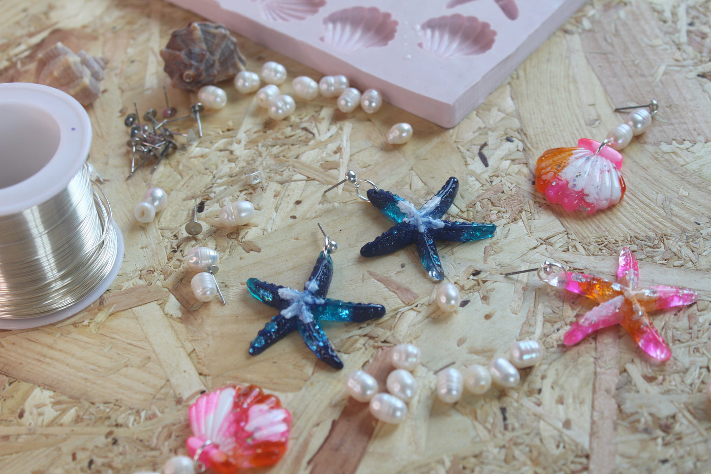 Navy Blue and Turquoise Resin Starfish Dangle Earrings