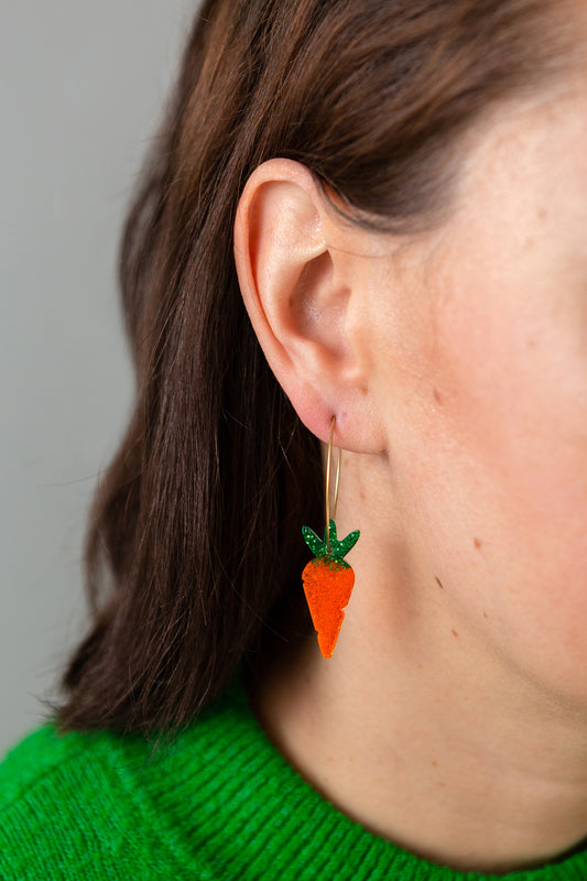 Pink or Purple Speckled Rabbit and Carrot Dangly Hoop Earrings