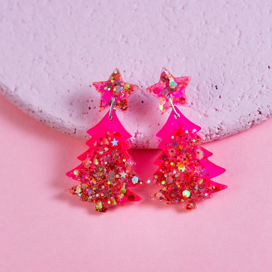 fluorescent pink glitter christmas tree earrings
