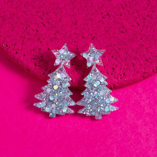 Glitter Silver resin Christmas tree dangle earrings
