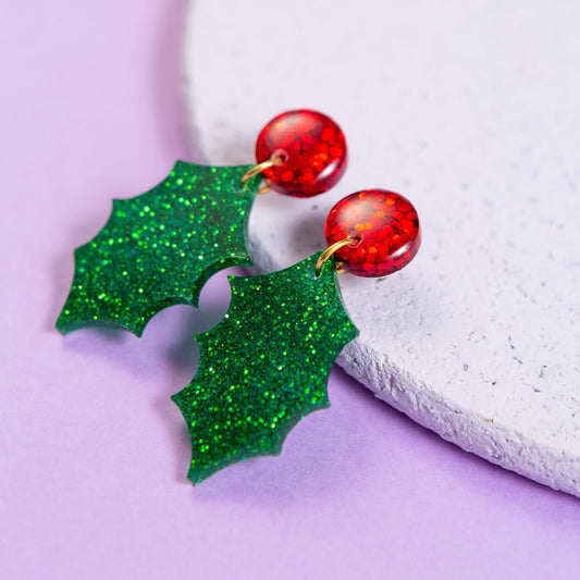 Glitter green holly with red Glitter berry dangle earrings