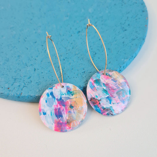 Dangly earrings from The Joyful Rebel - Colourful resin earrings with brass oval hoops