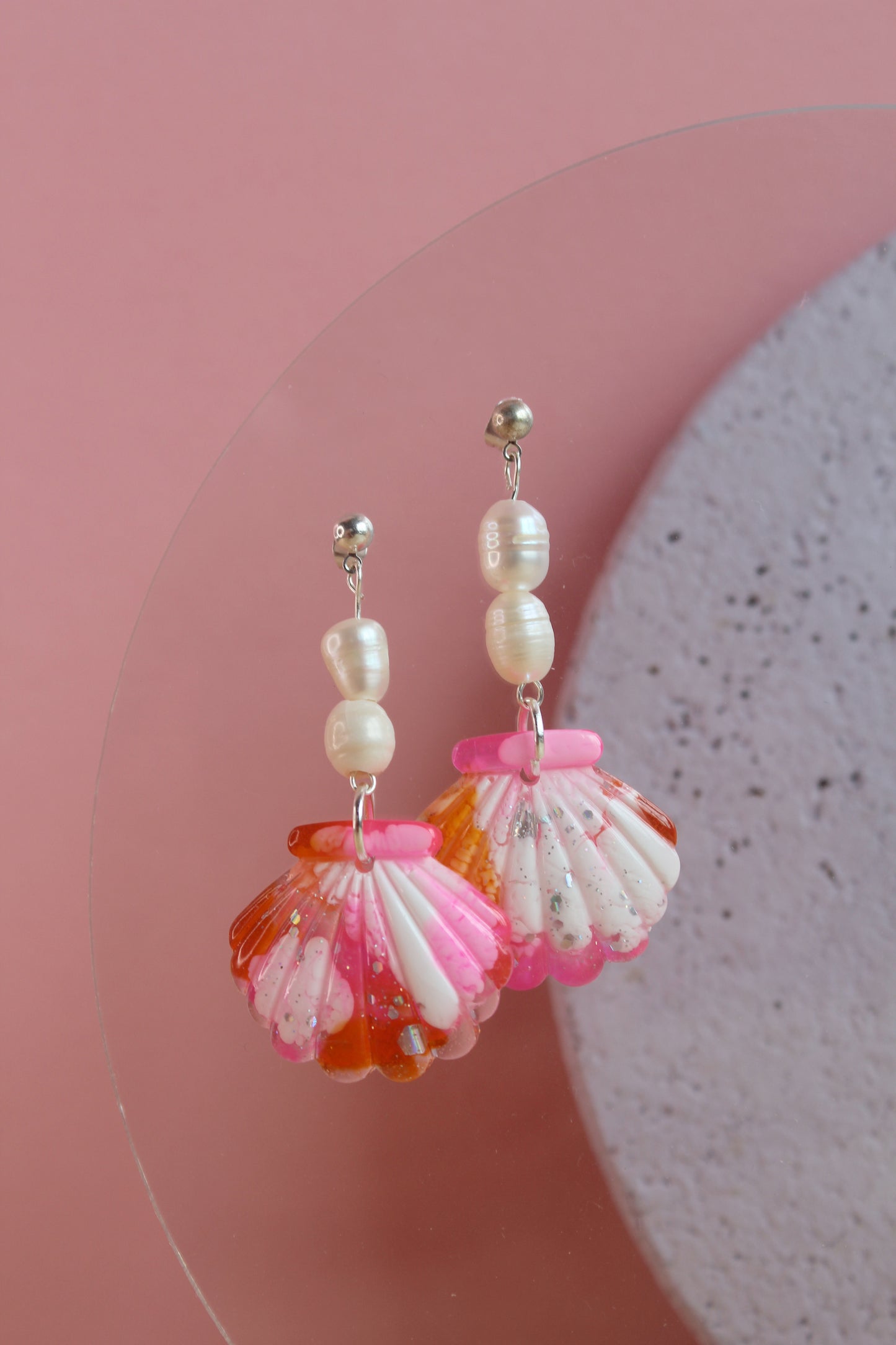 Fluorescent Pink and Orange Resin Scallop Dangle Earrings with Freshwater Pearls