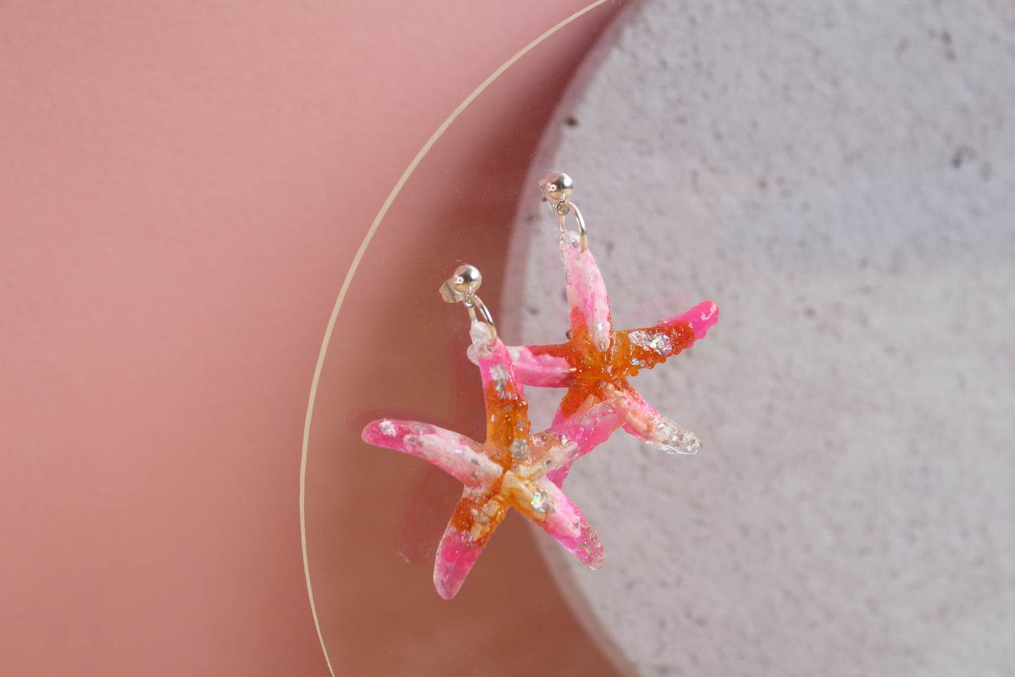 Fluorescent Pink and Orange Resin Starfish Dangle Earrings