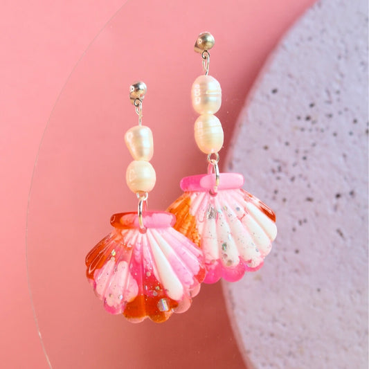 Neon Pink Scallop Dangle Earrings with Freshwater Pearls