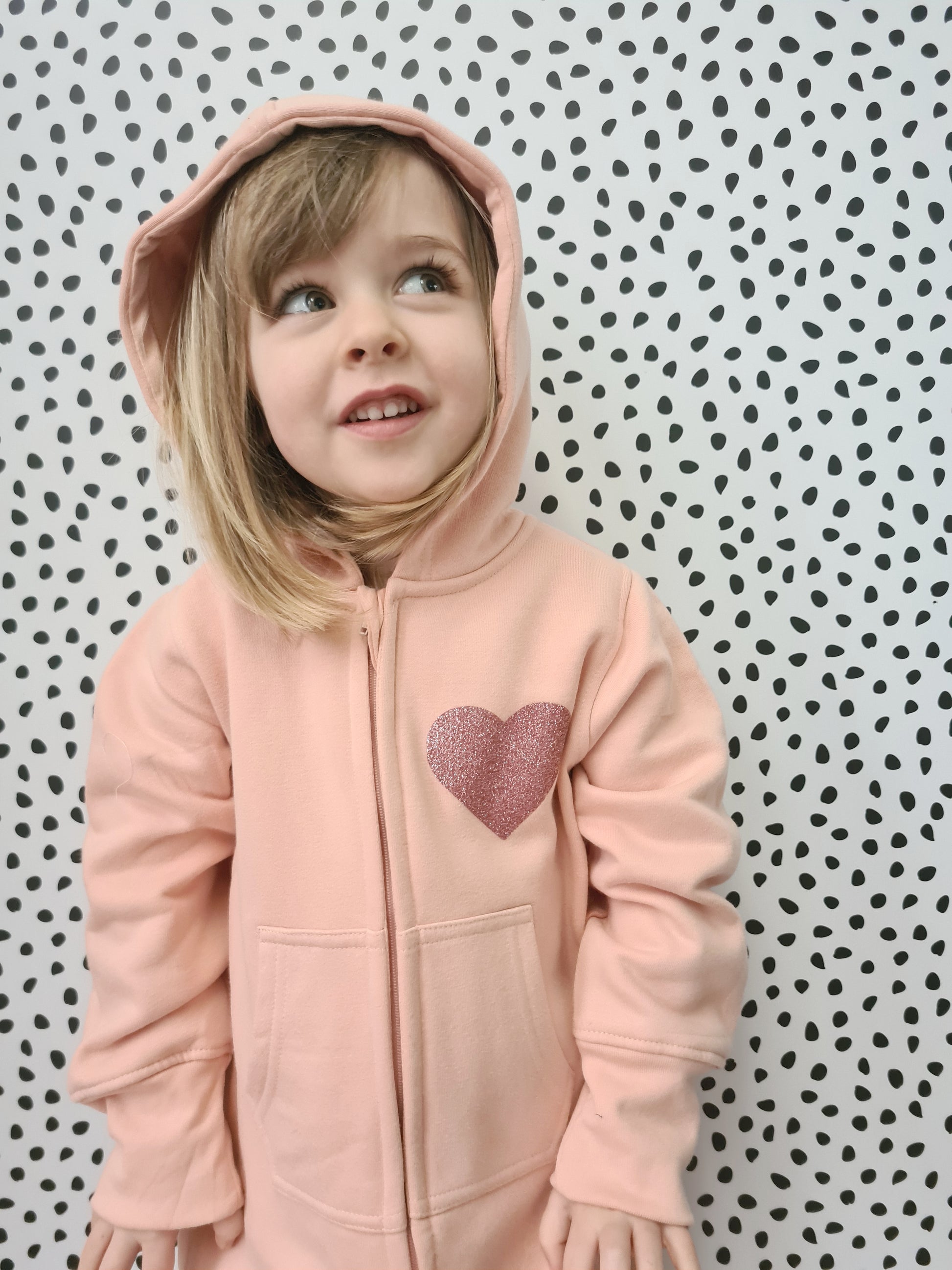 Pale Pink fleece suit with hood and pink heart