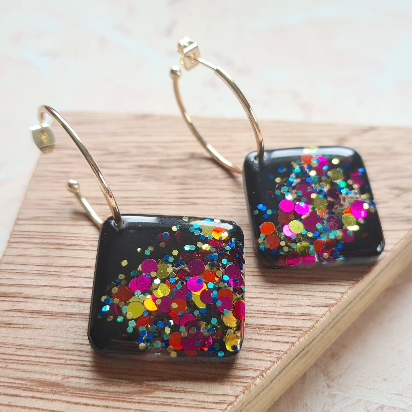 Black and party glitter earring - pink, gold and blue. Gold hoop. - The Joyful Rebel