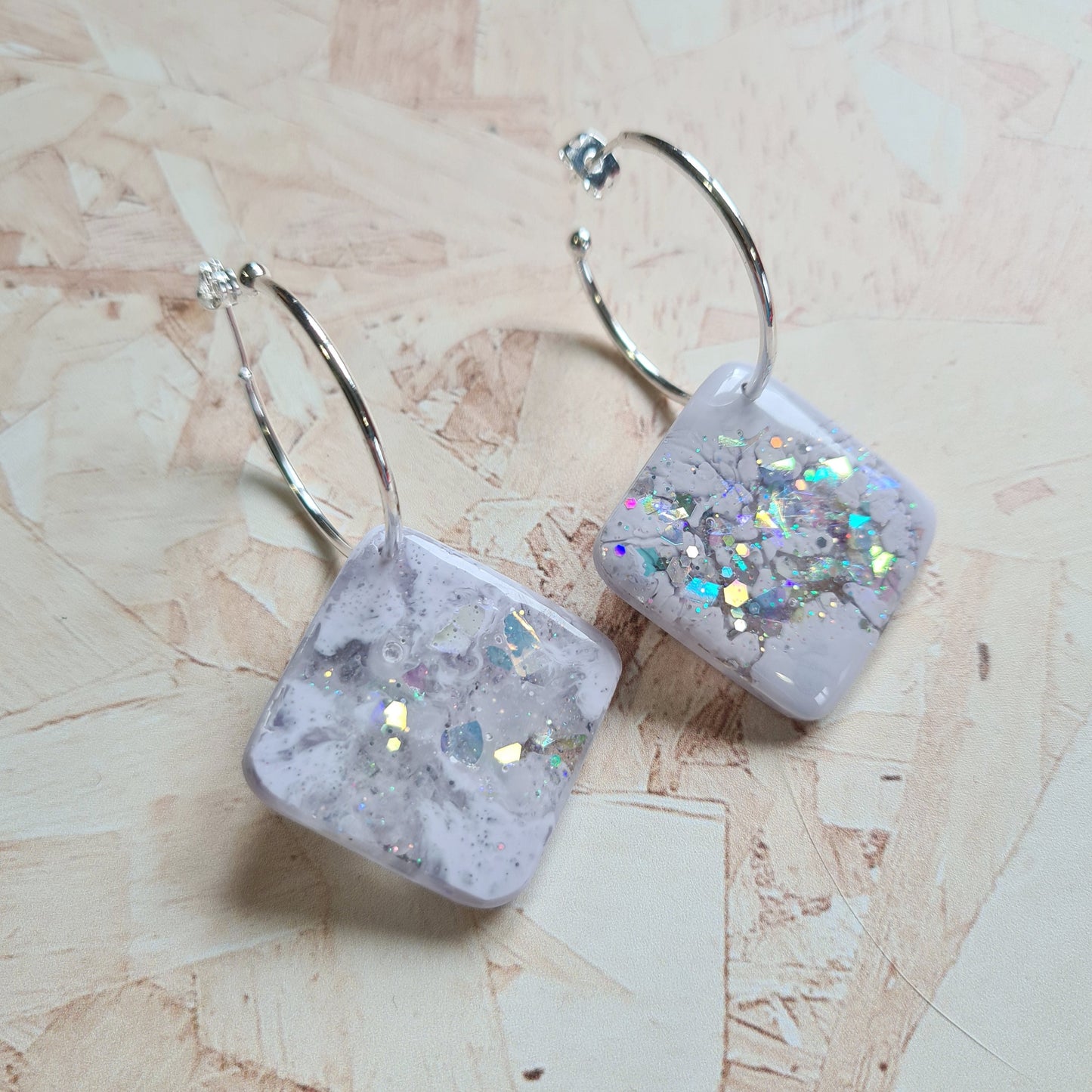 Pastel light purple resin tile on a silver hoop - The Joyful Rebel