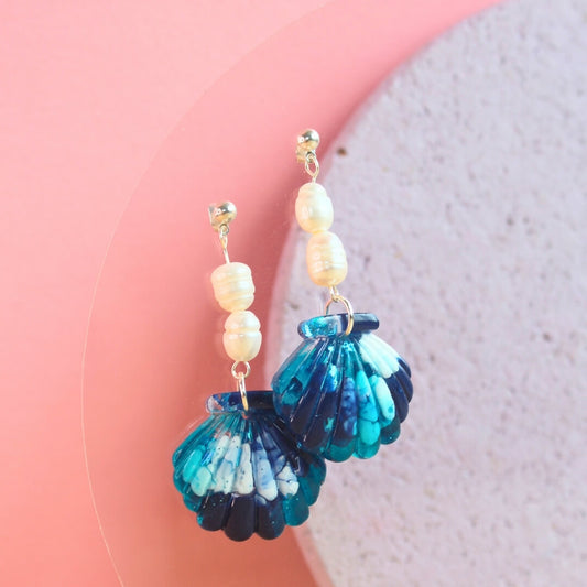 Blue Scallop Dangle Earrings with Freshwater Pearls